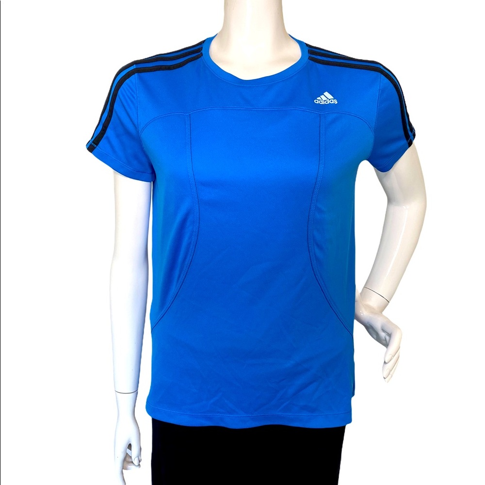 ADIDAS Women Short Sleeve Blue Top with Adidas stripes Size Large